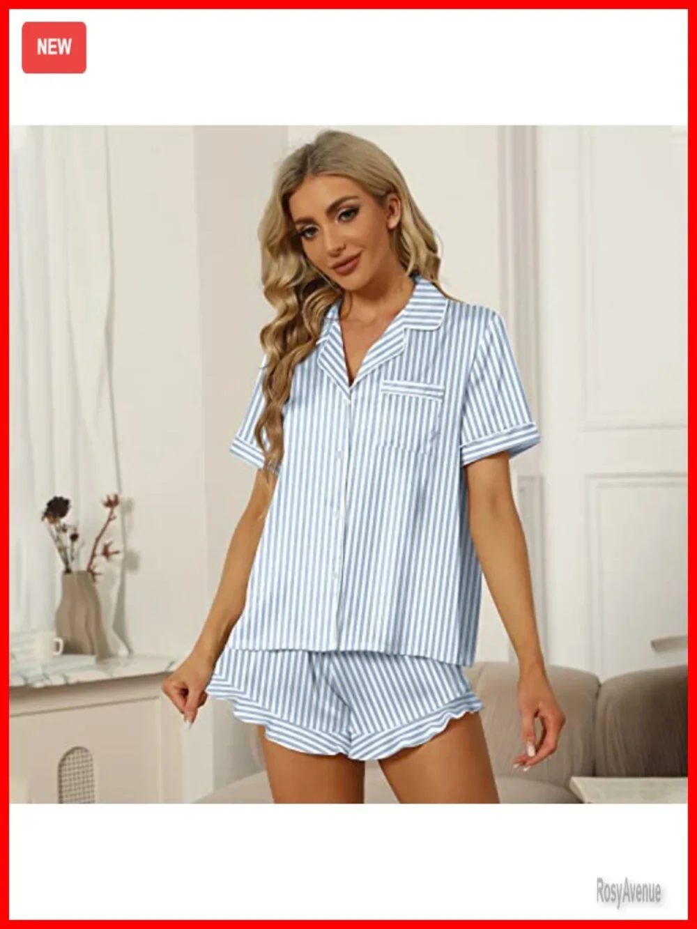 Satin Silk Pajama Set for Women - Ruffle Notch Collar Button Down Short Sleeve